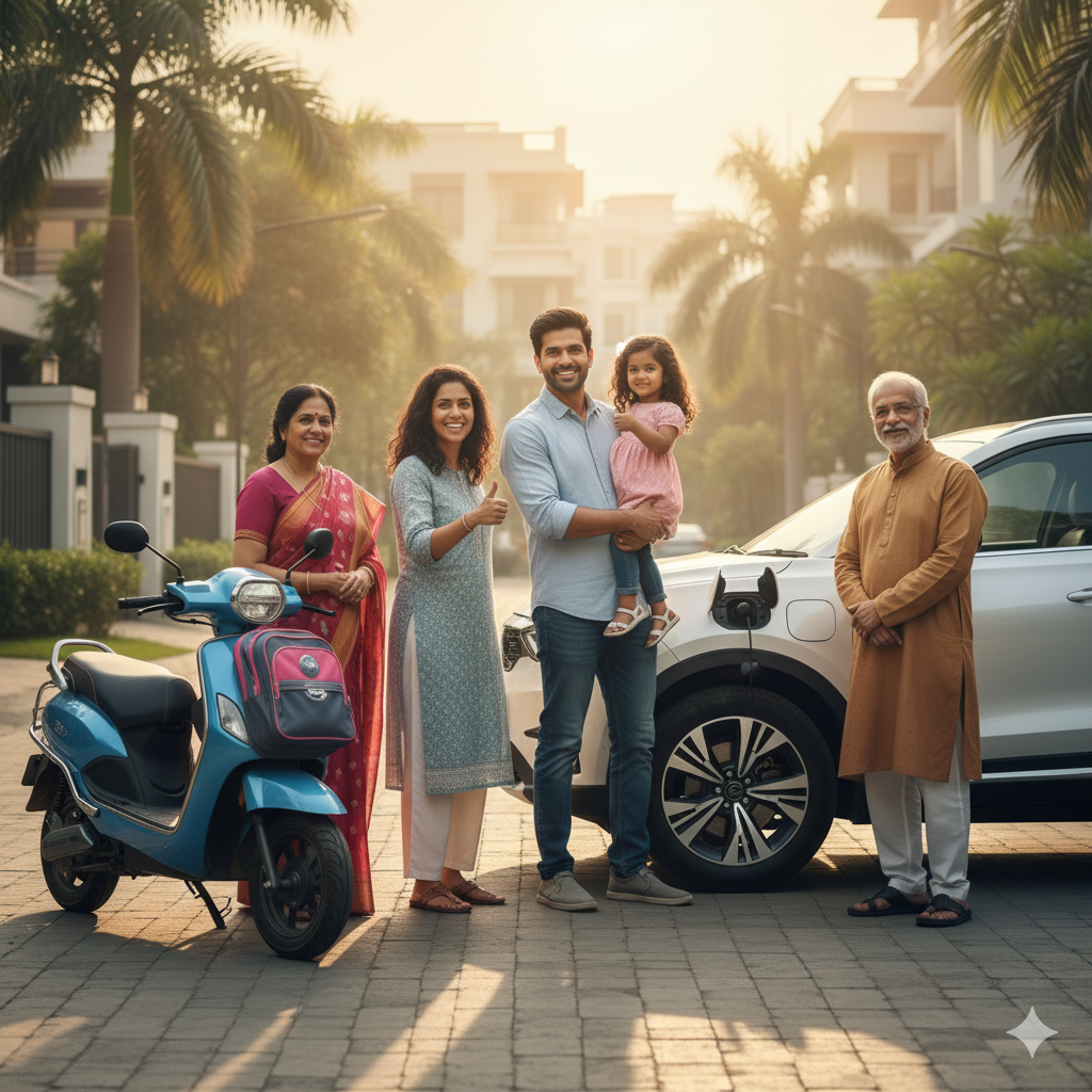 EV Running Cost India Happy Indian family with ev vechiles